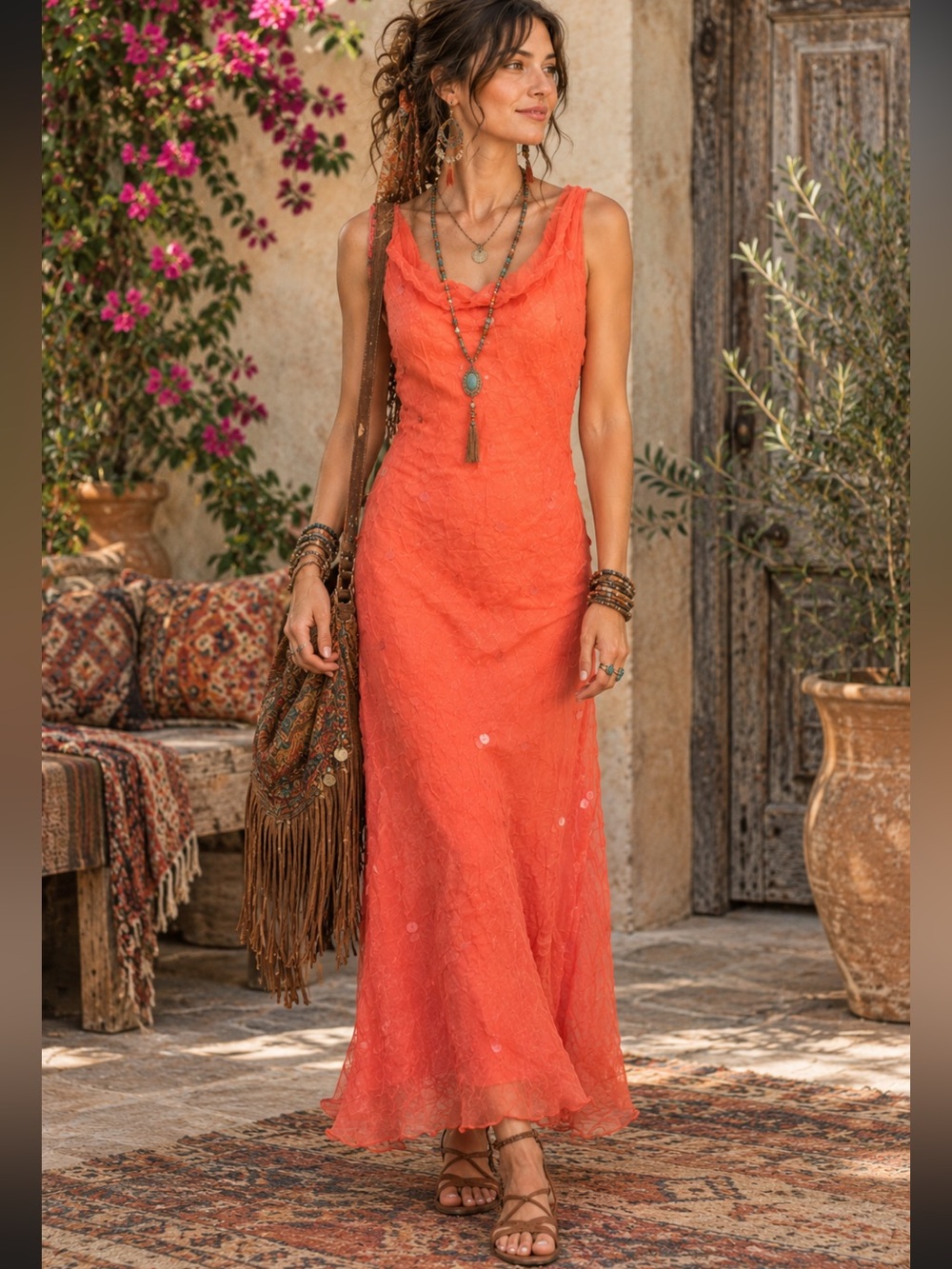 Vintage Newport News Ombre Coral Sleeveless Sequin Maxi Overlay Bias Cut Dress